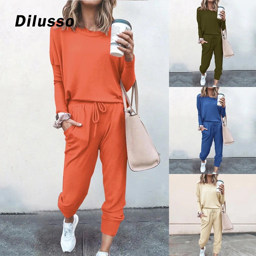 Conjunto de pantalones de chándal para mujer, traje de Color liso para mujer, manga larga, con bolsillo, informal, holgado, para Otoño y uso diario, 2 unidades