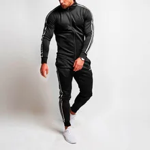 Stripe Fitness Men's Sportswear Autumn Zipper Print Sweatshirt Jacket Slim Fit Pants Sets 2 Pieces Sets Tracksuit chandal hombre