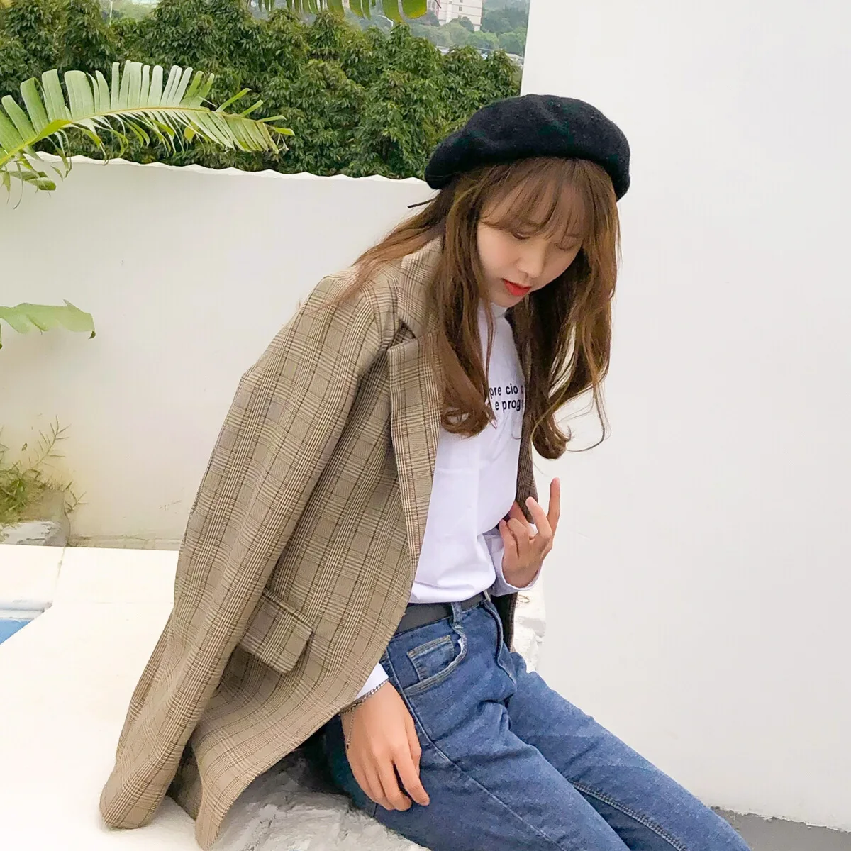 

Photo Shoot South Korea Early Spring New Style ~ Versitile Fashion Simple Slim Fit Retro Contrast Color Plaid Suit Jacket Women'