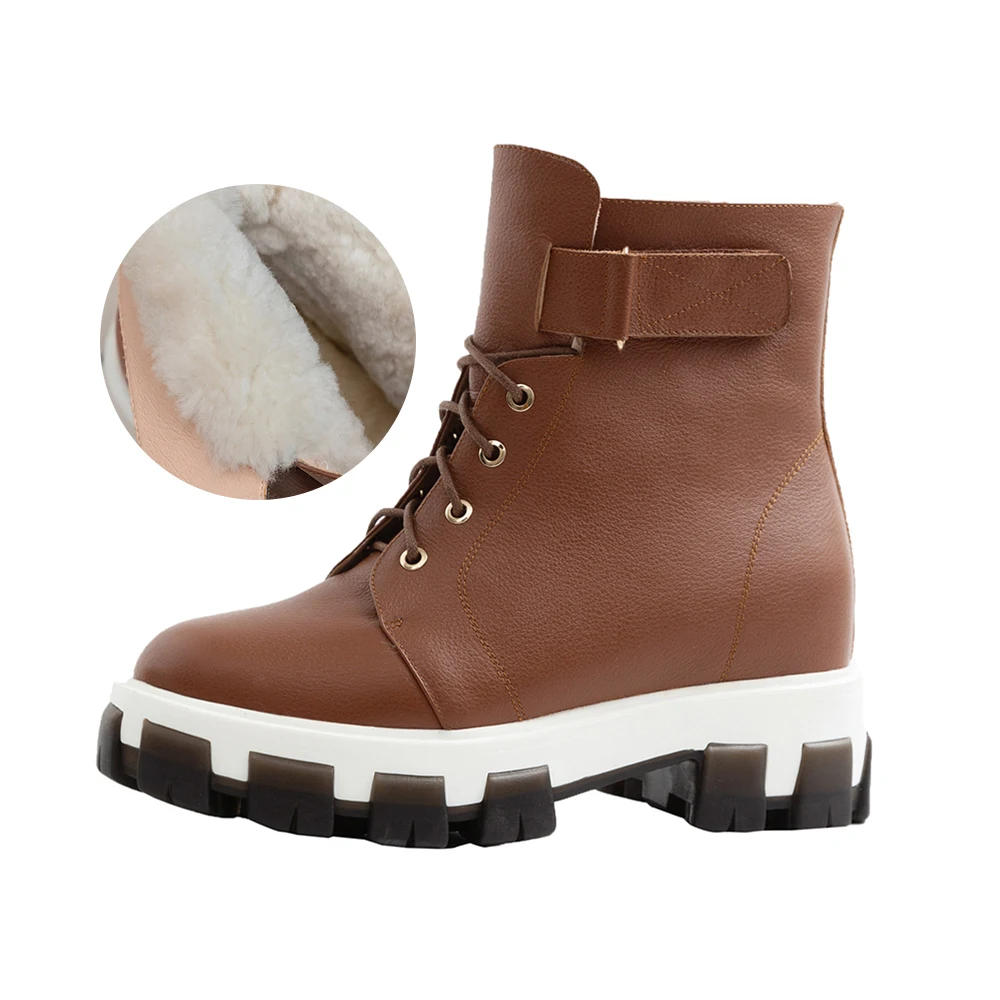 brown Plus Size 34-43 Warm Boots Winter Fur Genuine Leather Casual Comfortable Flats Martin Boots for Women Fashion Snow Boots Shoes - Цвет: brown