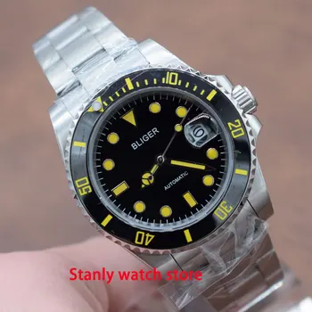 

Solid Bliger 40mm black dial ceramic rotating bezel sapphire yellow marks stainless band automatic movement men's watch