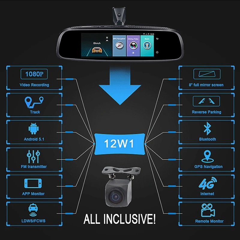 Camlive E09N Auto Dash Kamera 8 zoll 4G ADAS Dual Cams Auto Spiegel Recorder HD1080P GPS Navi Bluet