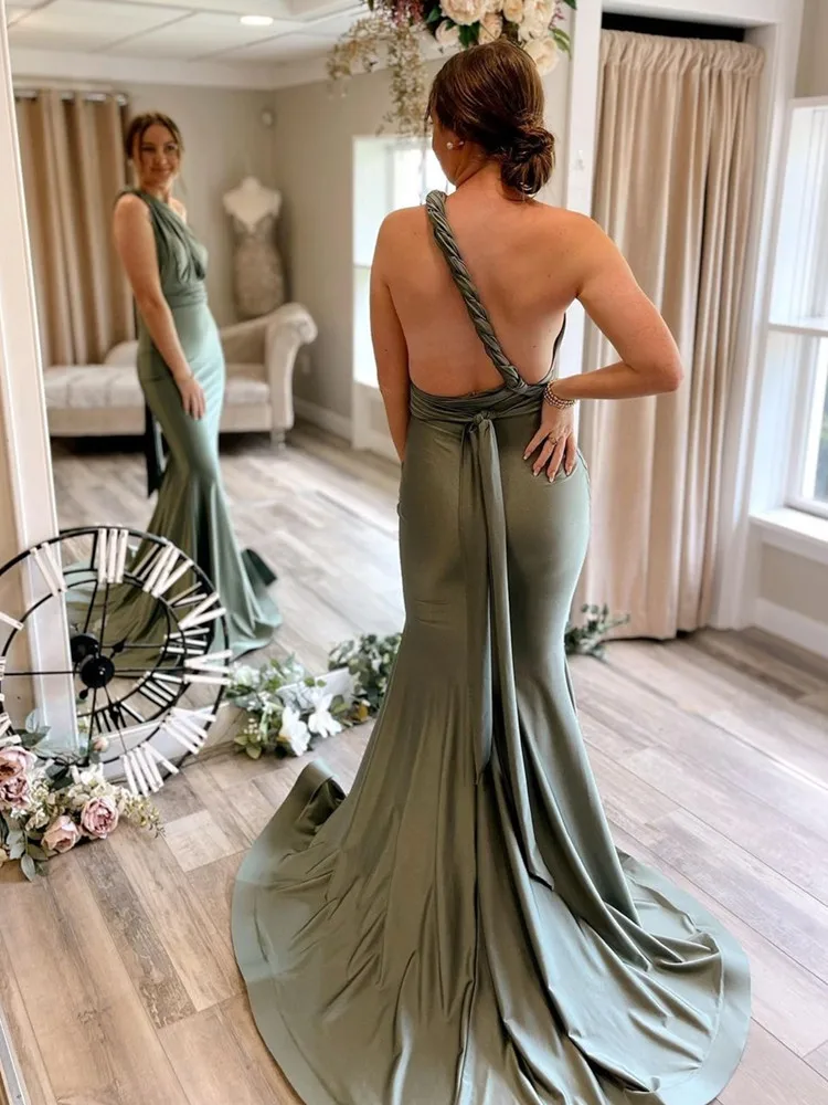 ball gown dress Elegant Mermaid V Neck Evening Dresses 2021 Party Night Sleeveless Backless Bow Design Sweep Train Vestidos Stain Robe De Soirée Prom Dresses