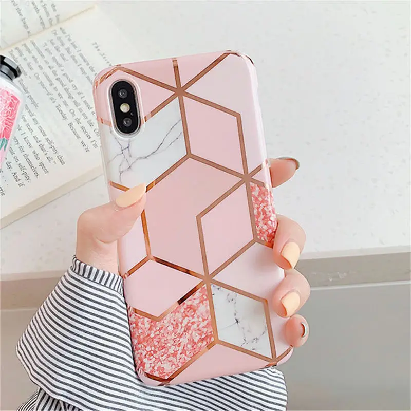 

Moskado Geometric Marble Splice Case For iPhone 6 6s 7 8 Plus X XR XS Max Electroplated Phone Cases Soft IMD Silicone Back Cover