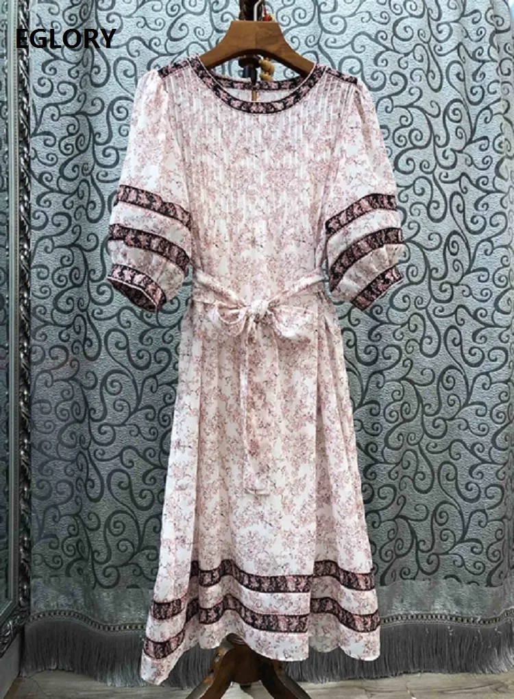

100%Cotton Dress 2020 Spring Summer Vintage Party Women Color Block Flower Print Puff Sleeve Mid-Calf Casual Loose Dress Belts