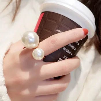 

SRCOI Gold Silver Color Metal White Double Imitation Pearl Rings Fashion Simple Vintage Rings For Women Party Wedding Jewelry