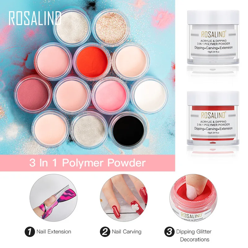 Acrílico em pó Extensão do Unha Mergulho em pó Arte do Unha Decoração para Manicure 3 em 1 pó de Cristal Rosalind Construtor Escultura