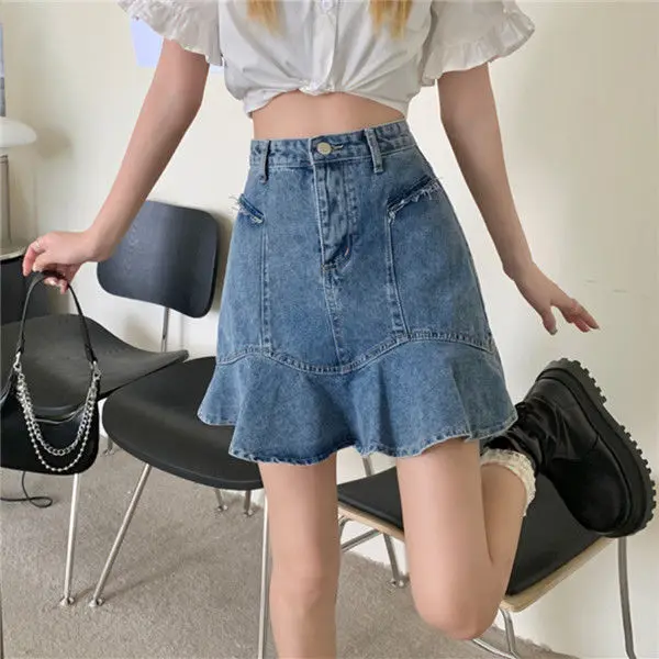 

2021Summer Women Skirt New Korean Commute Simple Lady Half-Length High Waist Mini Denim A-line Package Hip Soild Ruffle Skirt