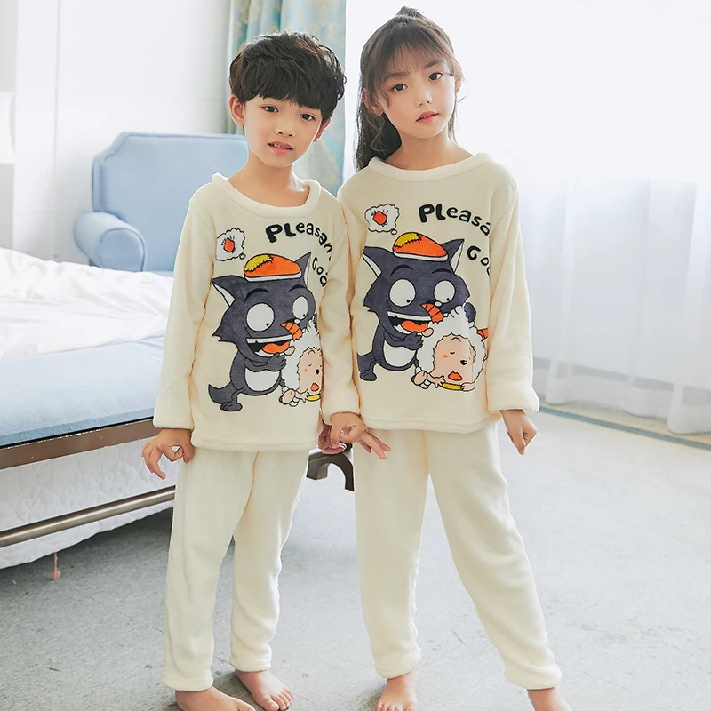 R B hui tai lang Winter Children Warm Pajamas Thicken Flannel Sleepwear Girls Loungewear Cartoon Coral Fleece Kids Pijamas Suit Casual Homewear - Цвет: R B hui tai lang