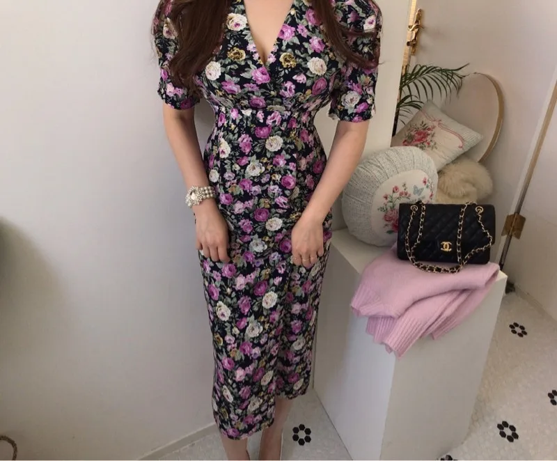 Женское платье 2020 Весна Лето Корейская мода Винтаж Цветочный Принт женское миди