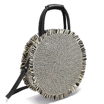 

Round Straw Bag Bohemian Women's Shoulder Bag Fashion Hand-Woven Rattan Bag Tote Beach Bag,Black