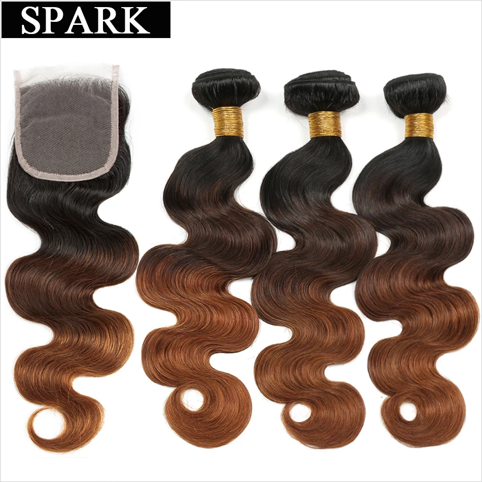 Spark эффектом деграде (переход от темного к Peruvin объемная волна человеческих волос пучки с кружевной парик с пробором посередине Волосы remy