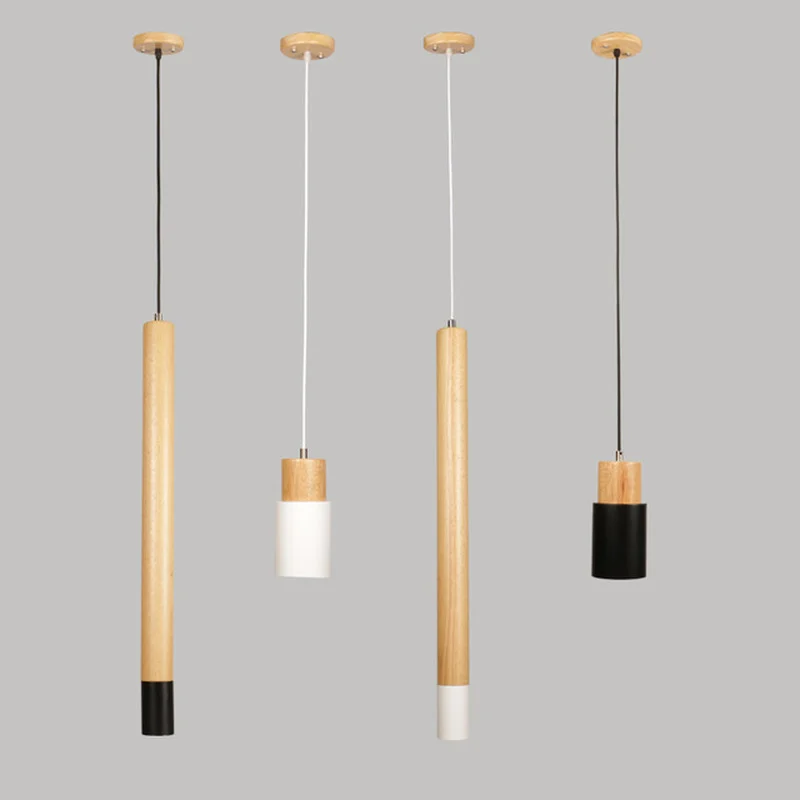 

Modern brief minimalist creative wood pendant light fixture nordic home decor bedroom bedside straight black iron pendant lamp