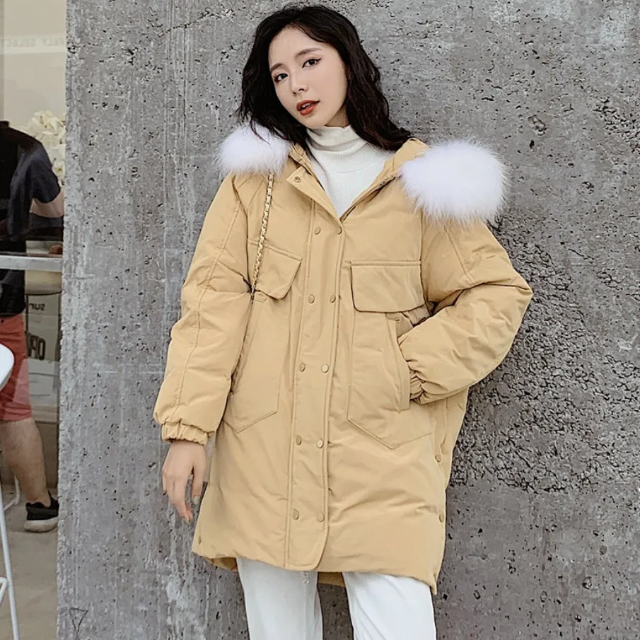 

Off Season 2019 Winter Large Fur Collar Embroidered down Jacket Women's Mid-length Korean-style Fashion Loose Slimming Large Siz