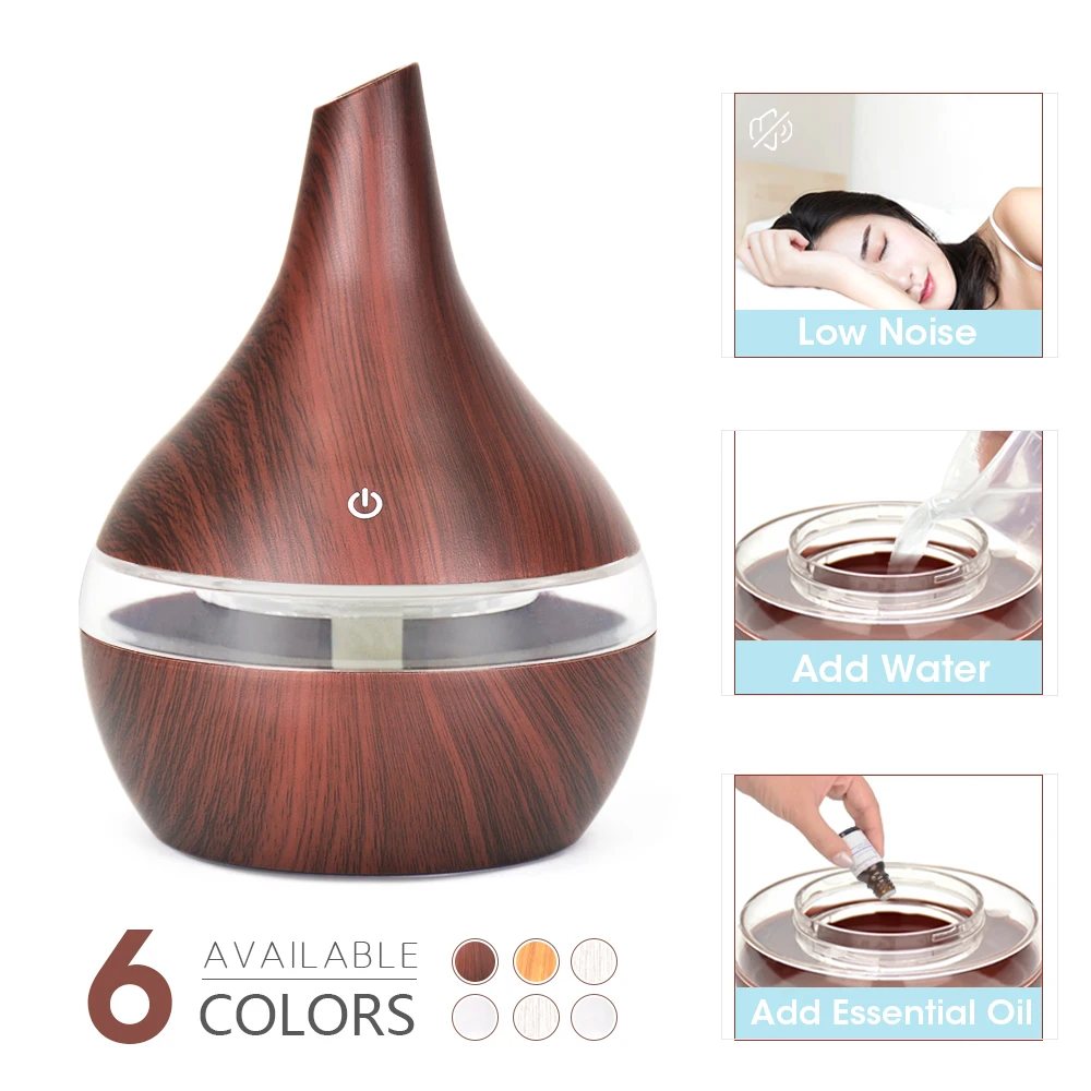 Humidificador eléctrico con USB, difusor de aire ultrasónico de 300ml, aromaterapia, madera de grano, con luces de 7 colores para el hogar, la oficina y el coche