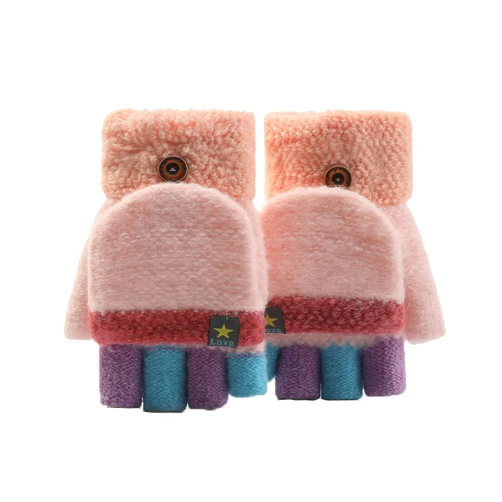 Теплые мягкие детские зимние перчатки унисекс с откидной крышкой, без пальцев, г. Весна-осень, новые модные Простые перчатки - Цвет: Розовый