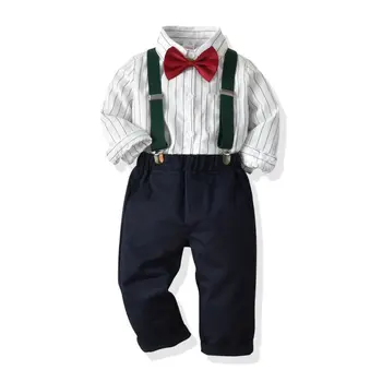 

Toddler Baby Boy Clothes Long Sleeve Newborn Kids Sets Infant Clothing Gentleman Suit Stripe Shirt+Bow Tie+Suspender Trouser