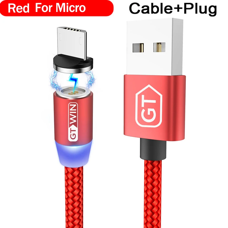 GTWIN 3A Магнитный кабель Micro USB кабель для iPhone Быстрая зарядка usb type C кабель для передачи данных для мобильного телефона Магнитный Шнур зарядное устройство 1 м/2 м - Цвет: For Micro Red