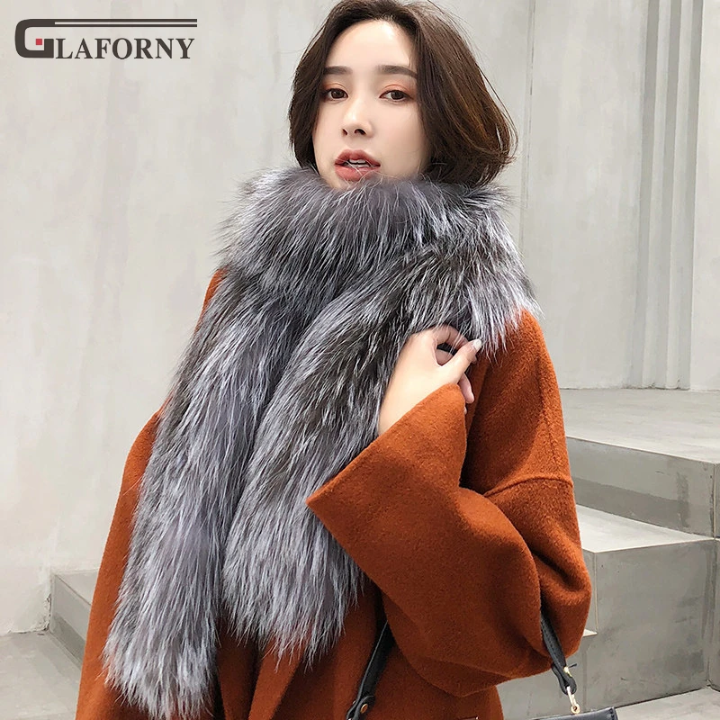 

2019 Glaforny winter fashion solid warm versatile silver fox fur scarf long pattern neckerchief temperamental fox fur shawl