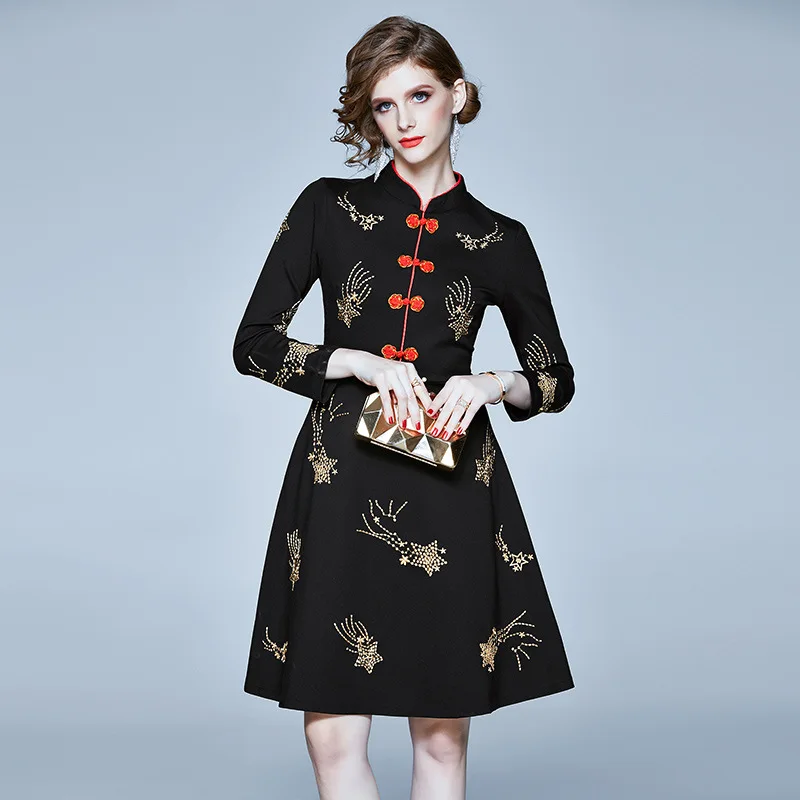 

Stand Collar Ninth Sleeve zhong guo kou Gold Embroidered Pattern Waist Hugging Big Hemline Mid-length Dress Europe And America N