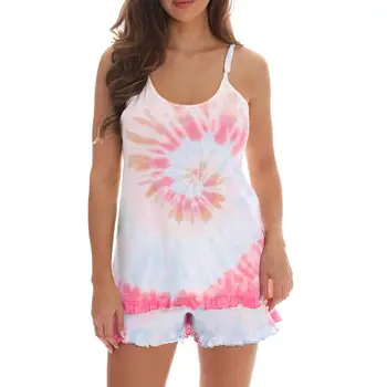 

Womens Tie-Dye Pajama Set Sleeveless Tops Drawstring Shorts Ruffle Loungewear