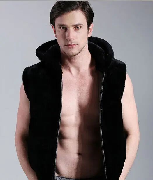 hooded Jaqueta De Couro Masculina Faux Fur Vest Hooded Sleeveless Mens Faux Fur Coat Jacket Black Plus Size Windbreaker 6XL S58 - Цвет: hooded