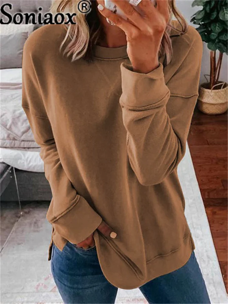 2021 Autumn Winter Women Casual Pullover Solid Color Loose Hoodie Fashion Long-Sleeve Tops Round Neck Ladies Street Sweatshirt