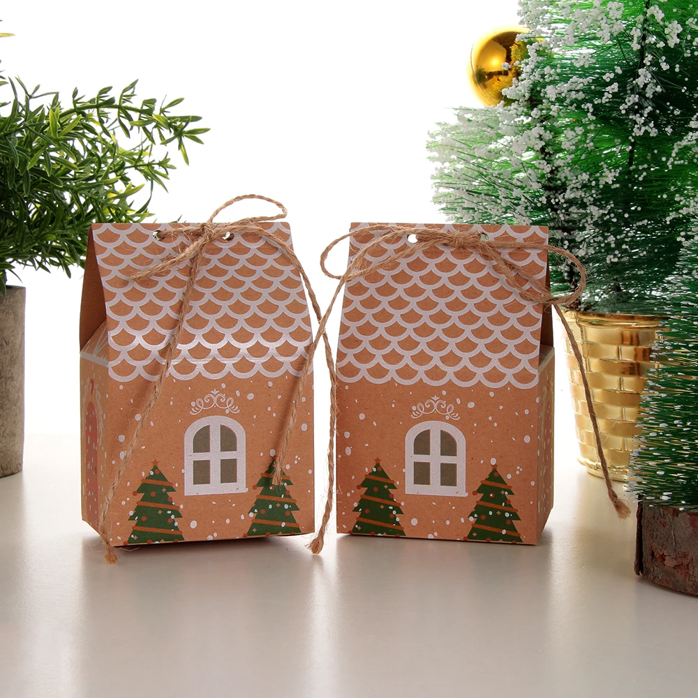 5 шт., Рождественская коробка для конфет в форме дома, вечерние коробки для конфет, десерт, крафт-бумага, упаковочная коробка, праздничные