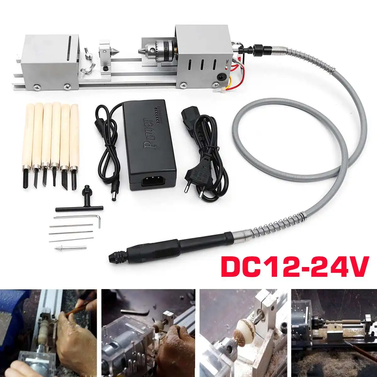 

DC 12-24V Mini Lathe Beads Machine Woodwork DIY Lathe Standard Set with Carving Cutter Wood Lathe