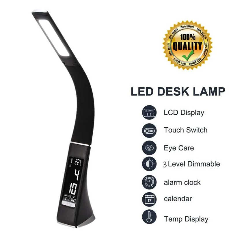 

LED Desk Lamp,Touch Dimmable 3 Brightness Levels Leather Table Lamp with Alarm Clock,Calendar,Time,Thermometer Memory Function