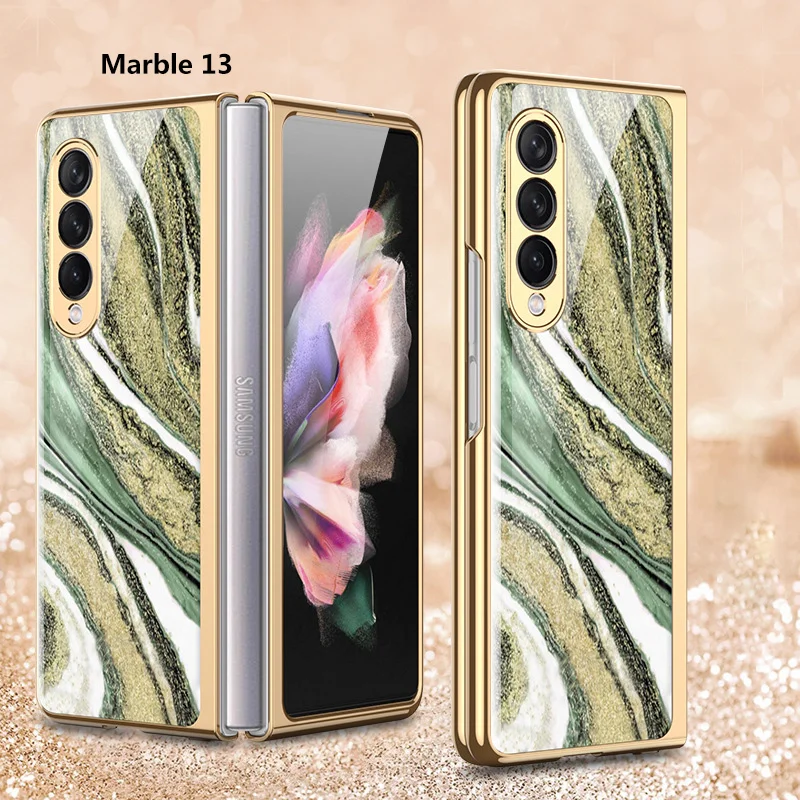 Hard Phone Cover For Samsung Galaxy Z Fold 3 5G Case Plating Glass Marble Pattern Precise Hole New Shockproof Protective Fundas kawaii phone case samsung Cases For Samsung