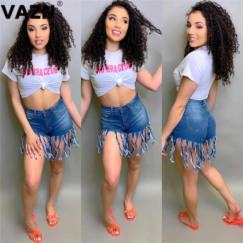 VAZN GSN13553 высококачественные модные Повседневный рваный джинсовые штаны в стиле панк женские повседневные джинсы с бахромой средней длины джинсовые штаны
