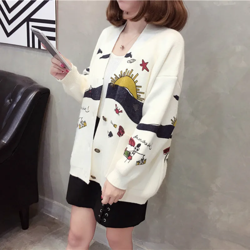 Creamy-white Neploe, модные вязаные кардиганы с диким принтом, корейские свободные тканевые свитера в стиле пэчворк, осенние жаккардовые кардиганы с карманами, 45662 - Цвет: Creamy-white