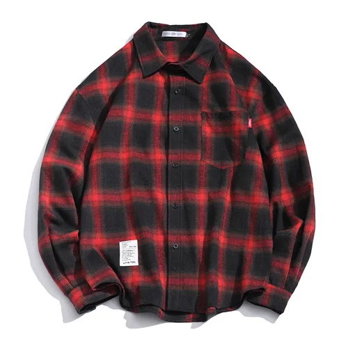 Liketkit Men's New Casual Shirts Male Plaid Long Sleeve Harajuku Oversize Shirts Men Korean Couples Japanese Streetwear 5XL - Цвет: Red
