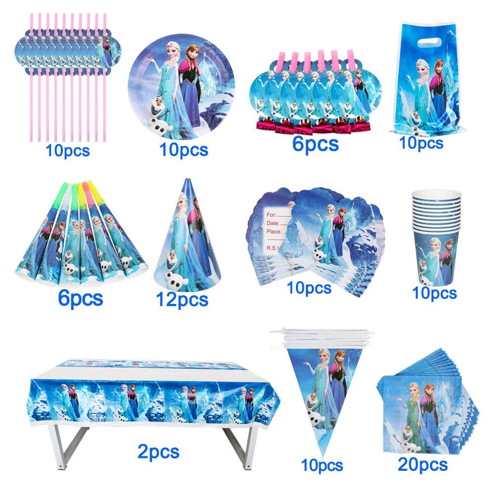 

Princess Frozen Disney Girls Birthday Hat Party Disposable Tableware Straw Plate Cups Napkin Tablecloth Decoration Baby Shower