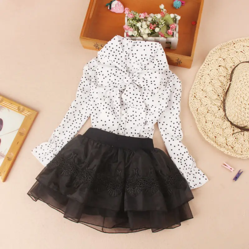 New Autumn Chiffon Blouse for Girls Long Sleeve Tops Korean Children Clothing School Girl White Dot Shirts Bow Patten Clothes