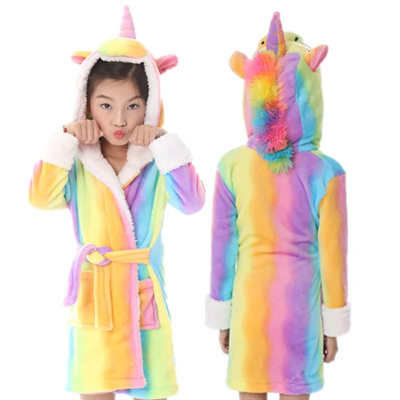 Rainbow flannel bathrobe cartoon pajamas animal hooded children's nightgownZQ137