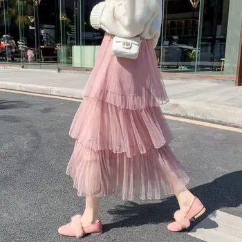 

Cake Layered Long Mesh Skirts Sweet Princess High Waist Ruffled Vintage Tiered Tulle Pleated Ins Skirts 2020 Summer