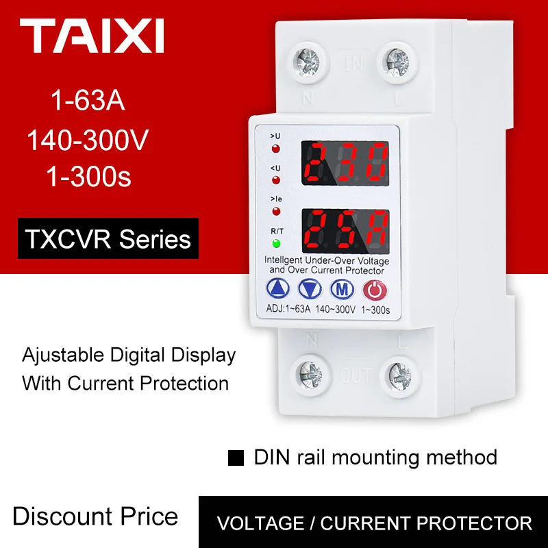 

Dual display voltage protector adjustable digital over low voltage device din rail 220/230V 1A 3A 6/10/63A Over Current re-close