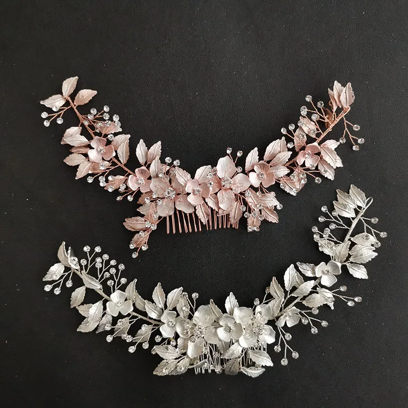 Floralbride Handmade Rhinestones Crystal Alloy Flower Leaf Long Wedding Hair Comb Bridal Headband Hair accessories Women Jewelry