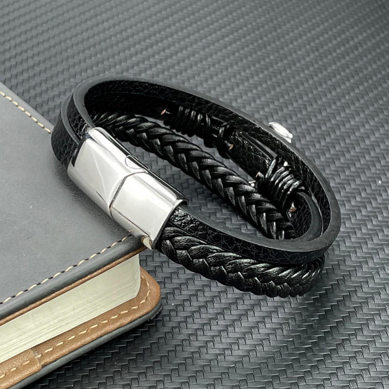 Fashion Charm Cross Men Bracelet Multilayer Leather Bracelet Punk Jewelry Stainless Steel Magnetic Clasp Bangles Boho bracelet jewelry