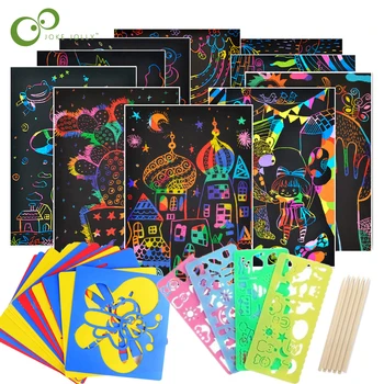 Magic Color Rainbow Scratch Art Paper Card Set with Graffiti Stencil for Drawing Stick DIY Art Painting Toy for Children GYH 1