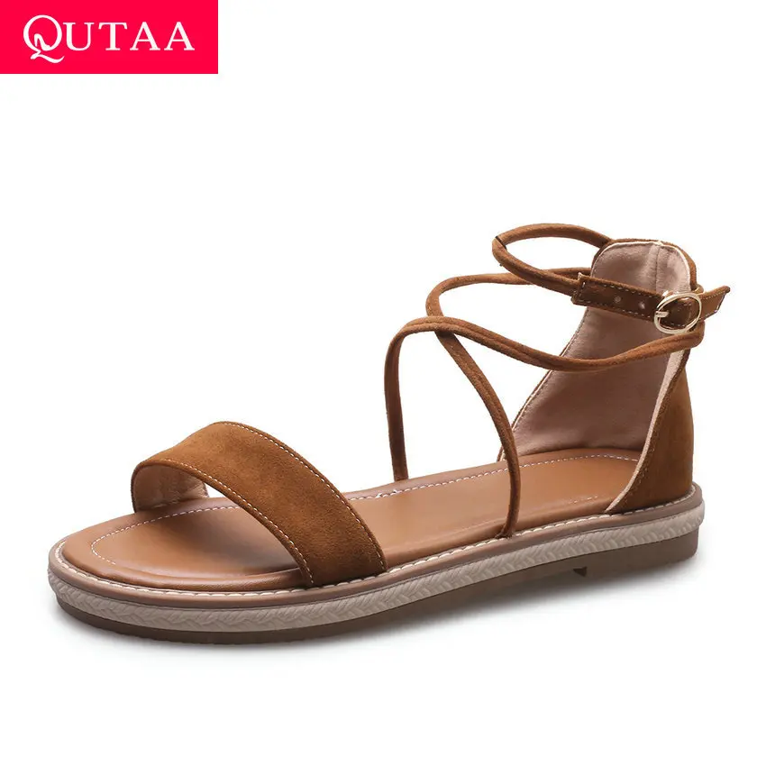 

QUTAA 2020 Round Open-toed Square Heel All Match Ladies Sandals Scrub Summer Platform Buckle Casual Women Shoes Big Size 34-43