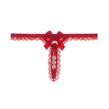Женские сексуальные трусики-стринги без выреза из искусственного жемчуга с кружевным бантом, трусики-стринги с жемчугом