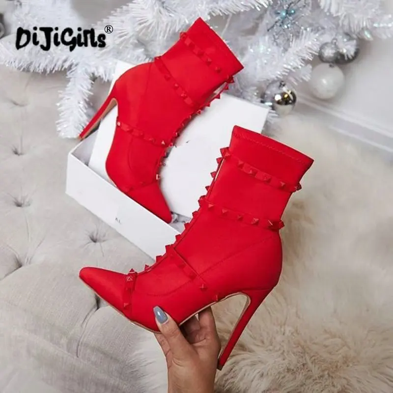 

dropship New Women's Fashion Rivets T Stage Sexy Thin Heel high-heeled Pointed Toe Women Ankle Chelsea Boots Shoes