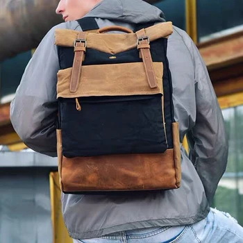 

Vintage Waxed Canvas Backpacks Waterproof Large Capacity Laptop Backpack Casual Canvas Leather Travel Backpacks