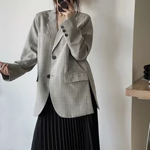 Chaqueta a cuadros gris para mujer, abrigo de traje holgado Simple con una botonadura, novedad de otoño 2021