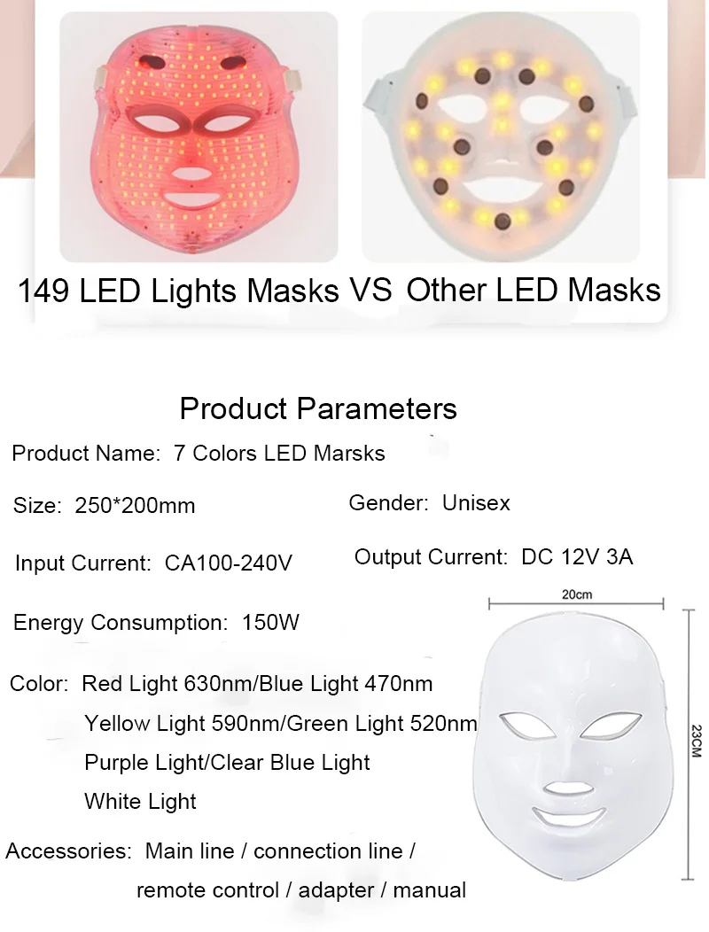 Светодиодный маска для лица, 7 цветов, светодиодный светильник, тушь для ресниц, для лица, радиочастотная маска для ухода за кожей, фотонная терапия, омоложение кожи, корейский уход за кожей светодиодная маска