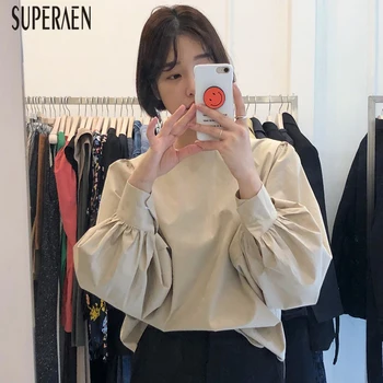 

SuperAen Korean Style Shirts Women Round Neck Spring New 2020 Solid Color Ladies Blouses and Tops Puff Sleeve Women Clothing
