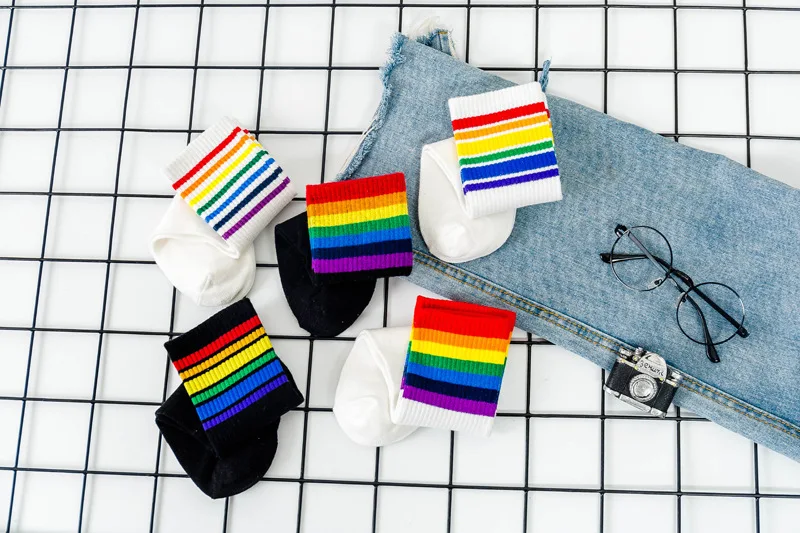 Rainbow Striped Fashion Korean Streetwear Women Socks Warm Funny Candy White Black Short Winter Cotton Neon Happy LGBT Socks
